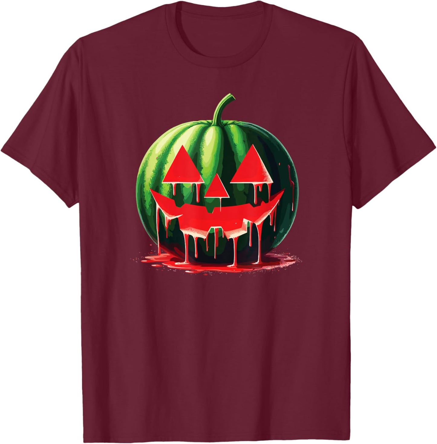 Spooky Summer Food Dripping Watermelon Jack O Lantern Men Women T-Shirt - T-Shirt | Maroon