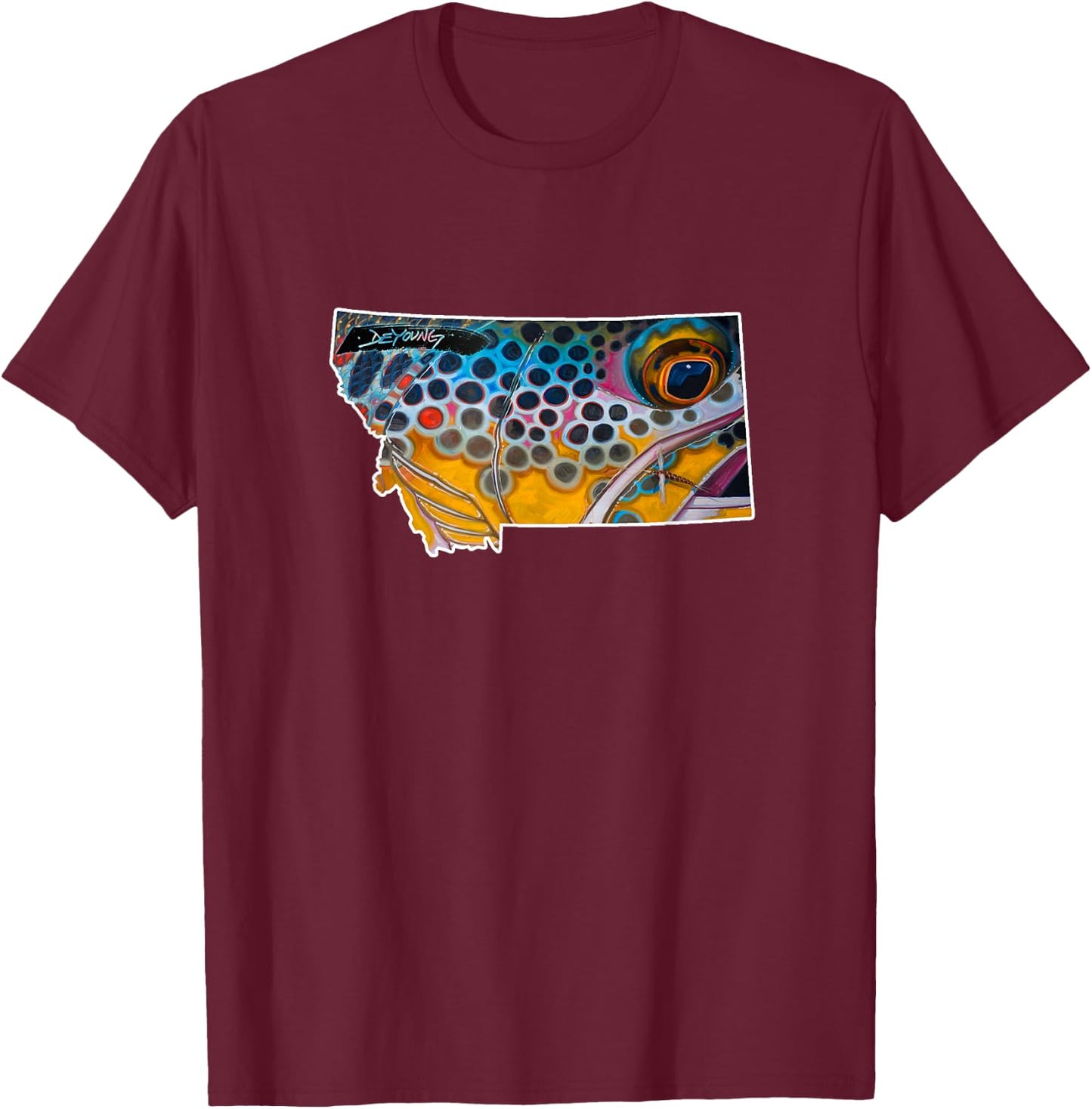 Montana shape Brown Trout Fish Derek DeYoung Art T-Shirt - T-Shirt | Maroon