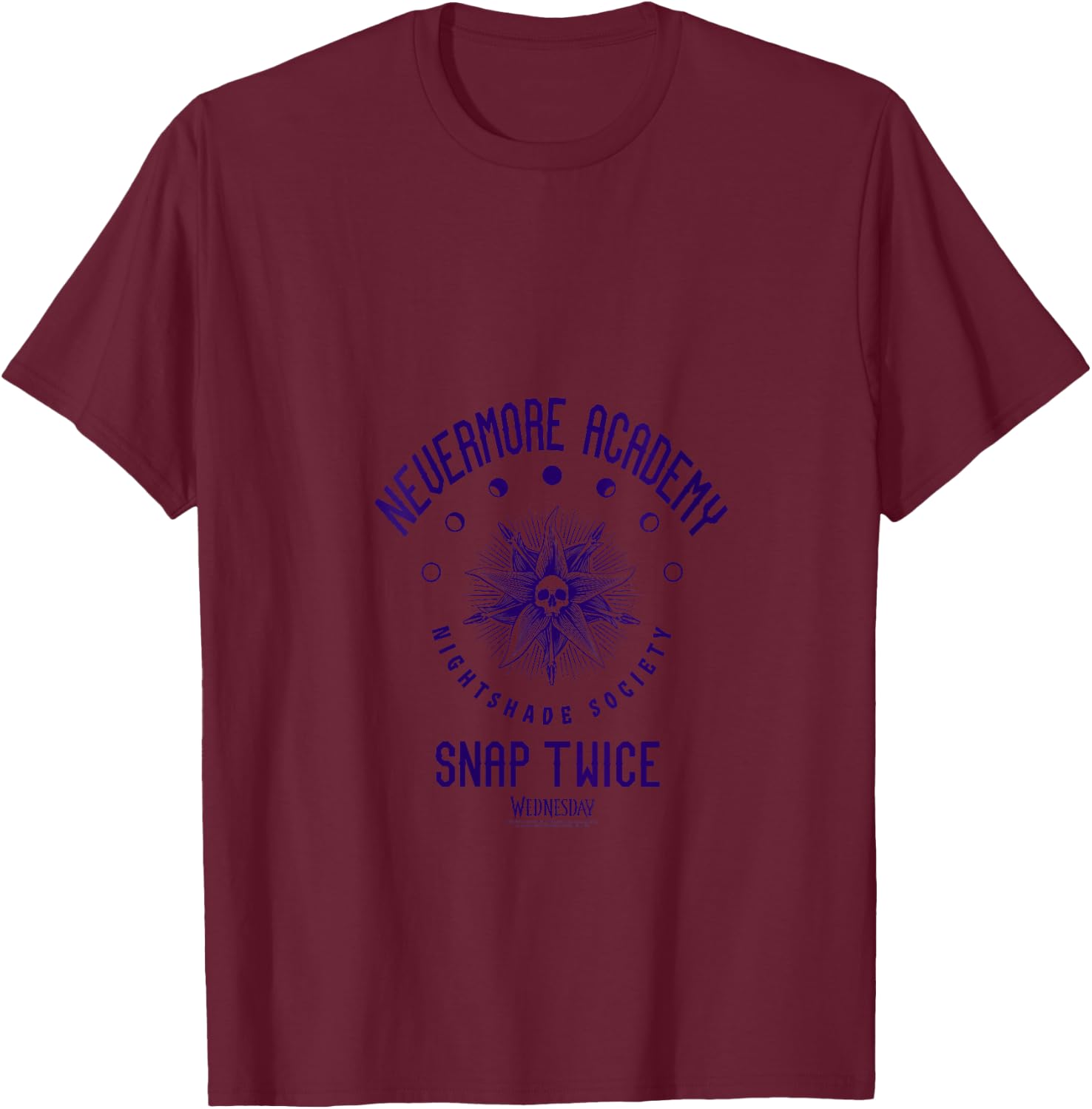 Wednesday Nevermore Academy Snap Twice Celestial Collegiate V-Neck T-Shirt - T-Shirt | Maroon