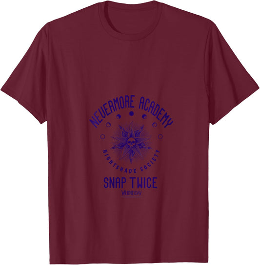 Wednesday Nevermore Academy Snap Twice Celestial Collegiate V-Neck T-Shirt - T-Shirt | Maroon