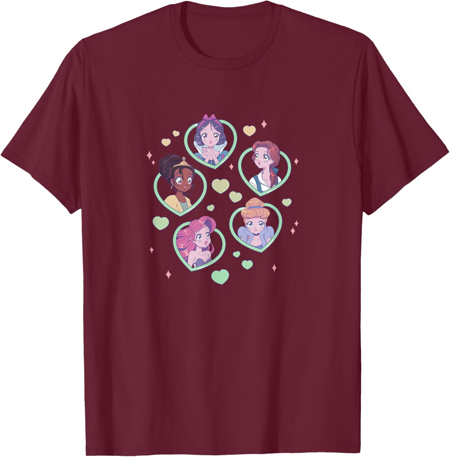 Disney Princess Manga Anime Sweet Heart Group Portraits T-Shirt - T-Shirt | Maroon