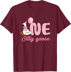 Kids 1st Birthday Silly Goose First Birthday Girl One Silly Goose T-Shirt - T-Shirt | Maroon
