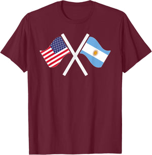 USA and Argentina Crossed Flags Dual Roots T-Shirt - T-Shirt | Maroon