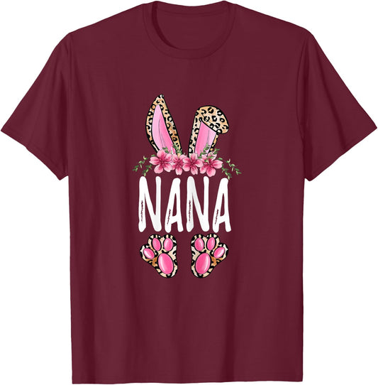 Floral Leopard Nana Bunny Cute Happy Easter Mother's Day T-Shirt - T-Shirt | Maroon