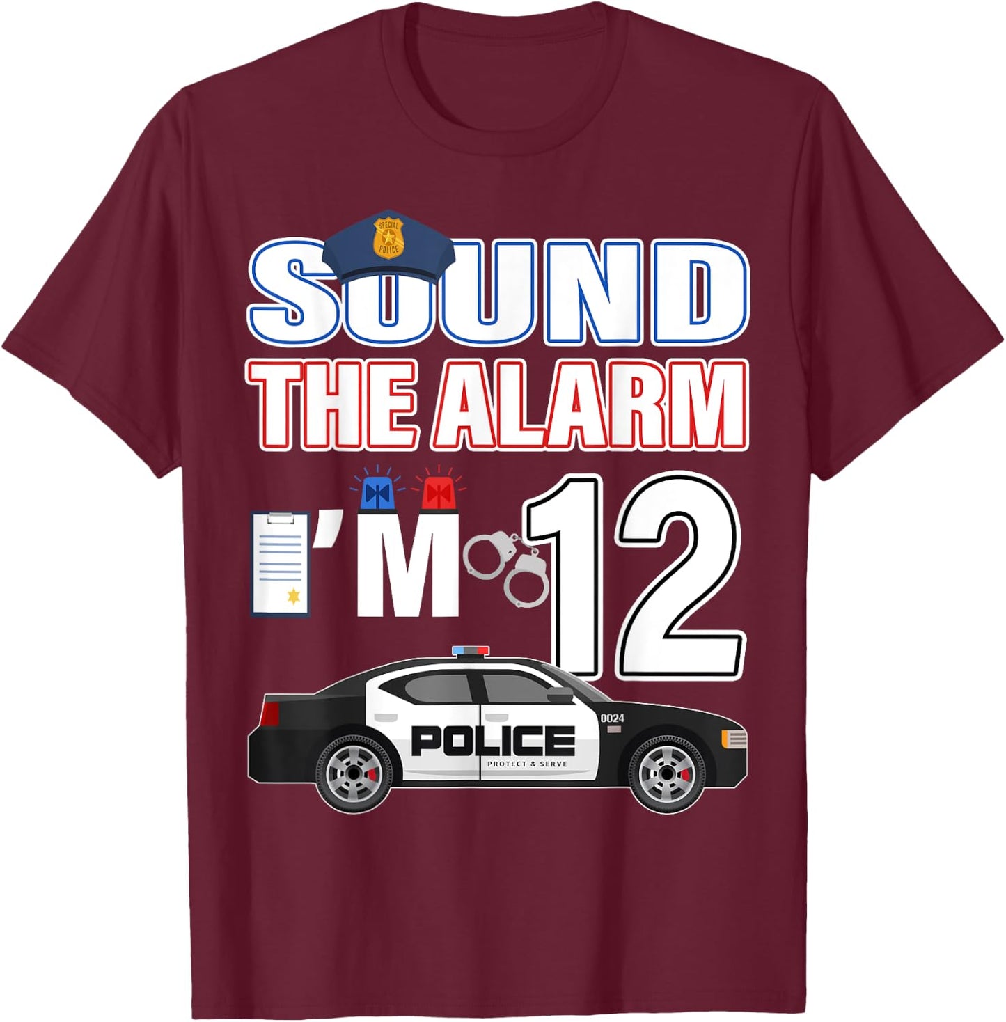 Police Car 12th Birthday Boy 12 year old Policeman Officer T-Shirt - T-Shirt | Maroon