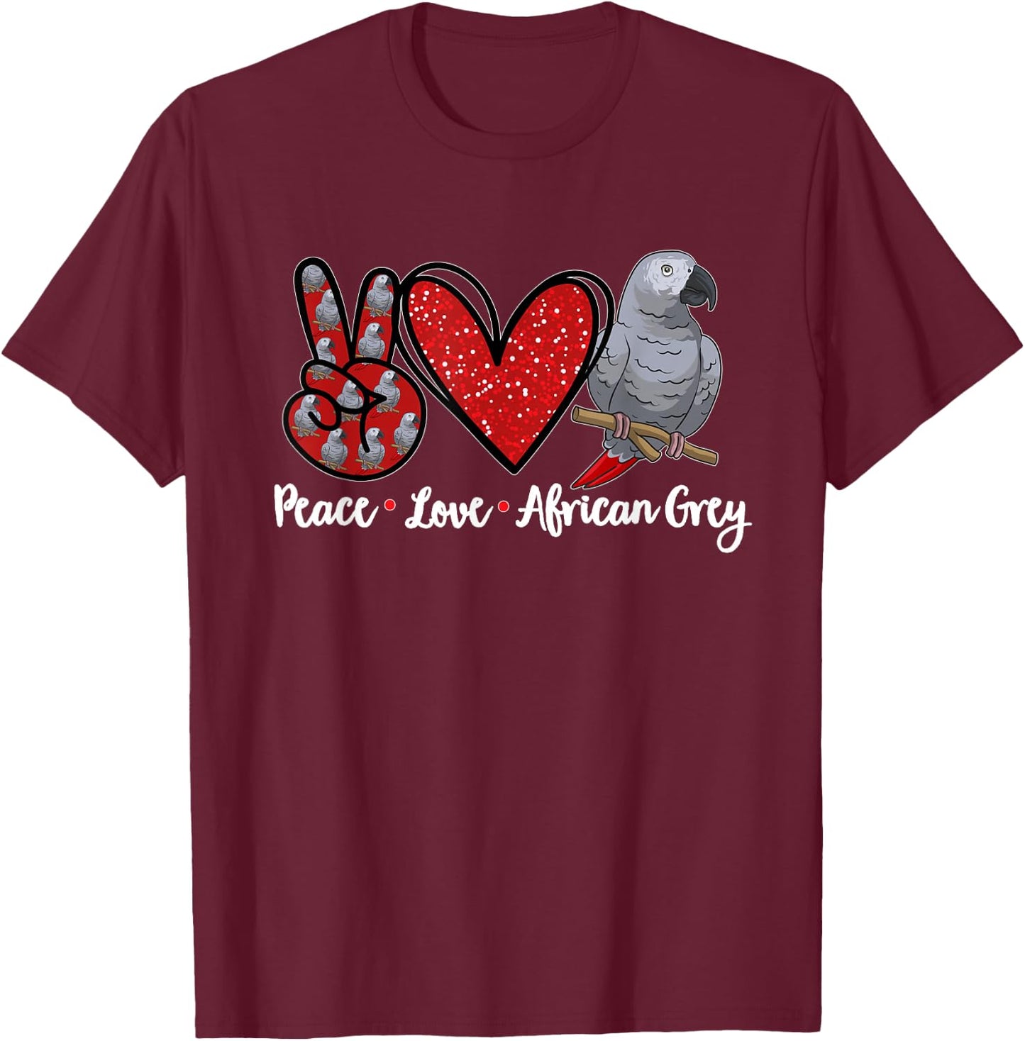 Peace Love African Grey Parrot T-Shirt - T-Shirt | Maroon