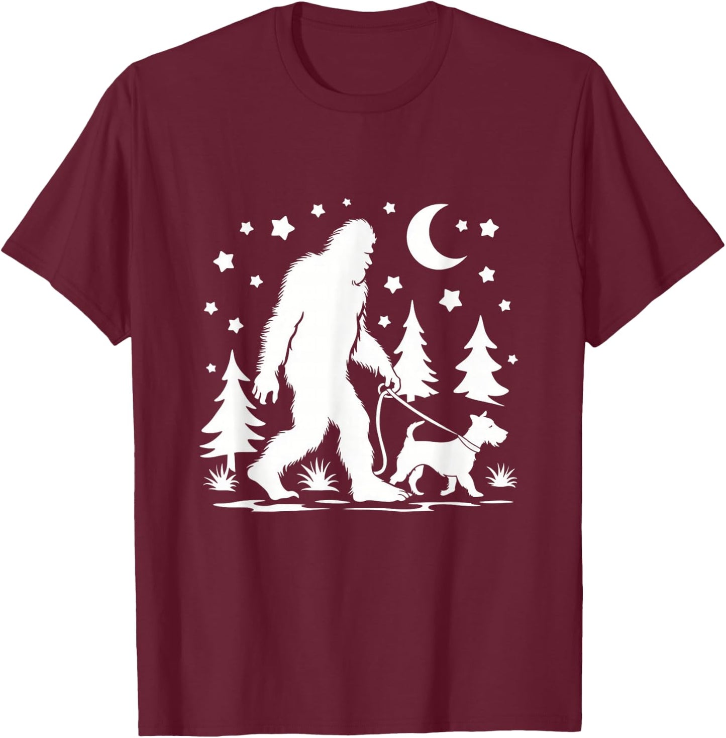 Bigfoot Walking With Jack Russell Terrier Sasquatch & Dog T-Shirt - T-Shirt | Maroon