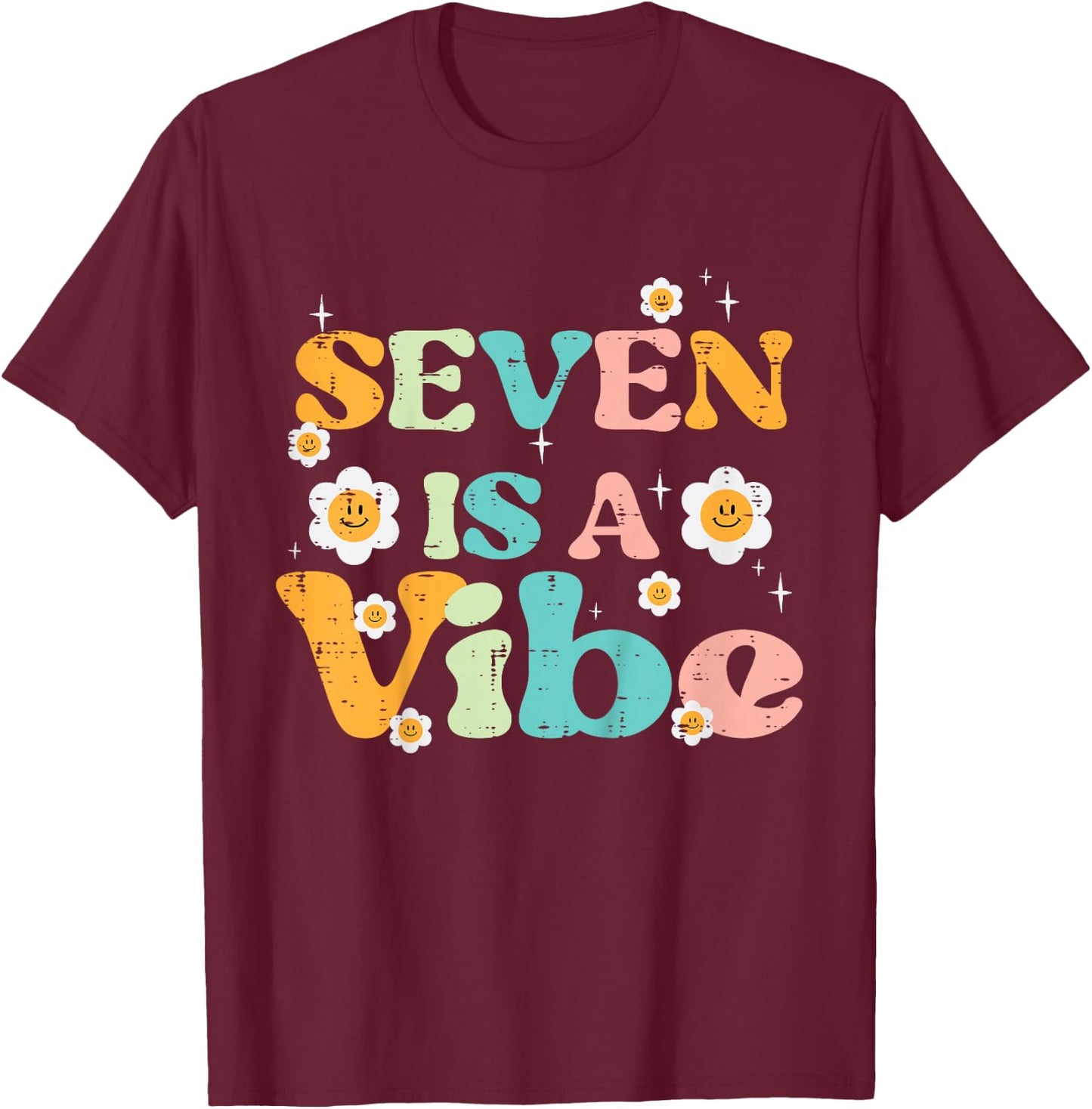 7th Birthday Seven Is A Vibe Retro 7 Bday Groovy Girls Kids T-Shirt - T-Shirt | Maroon