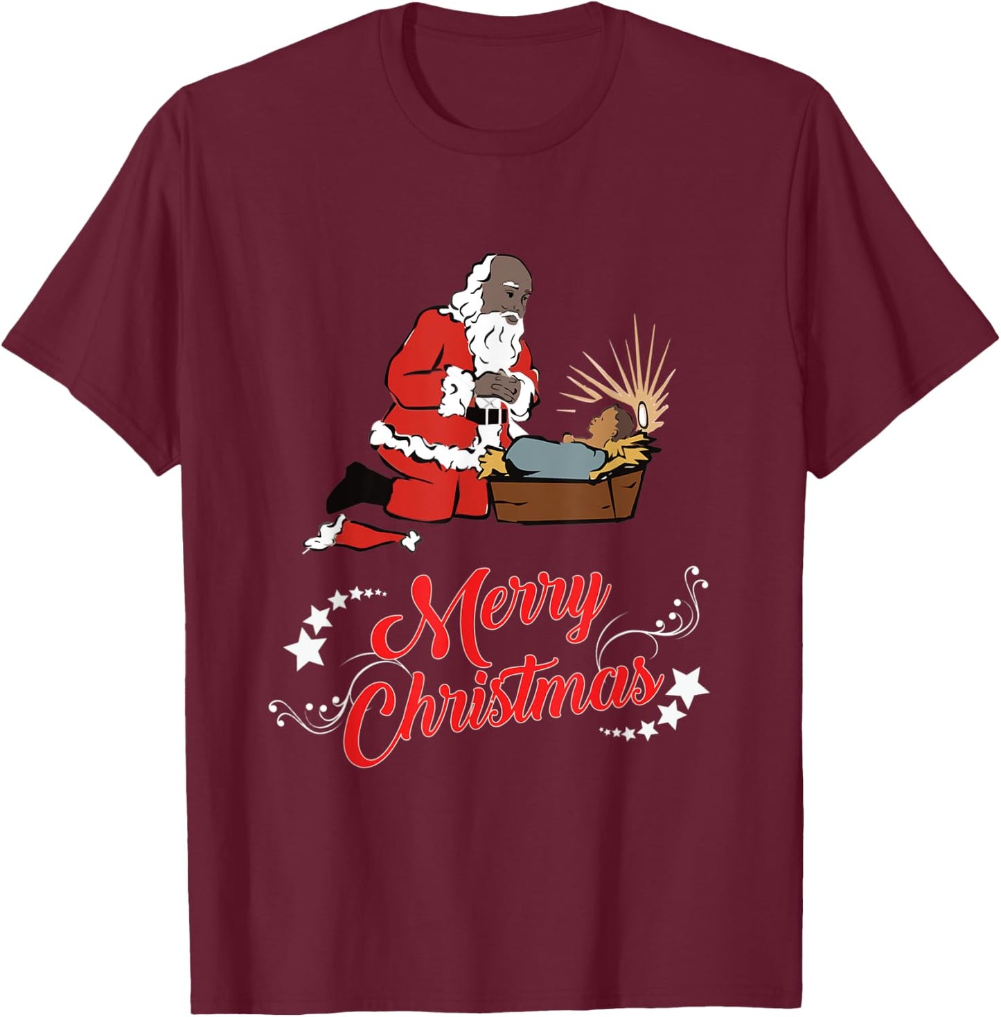 Dark Skin Santa Kneeling And Praying At The Feet Of Jesus T-Shirt - T-Shirt | Maroon