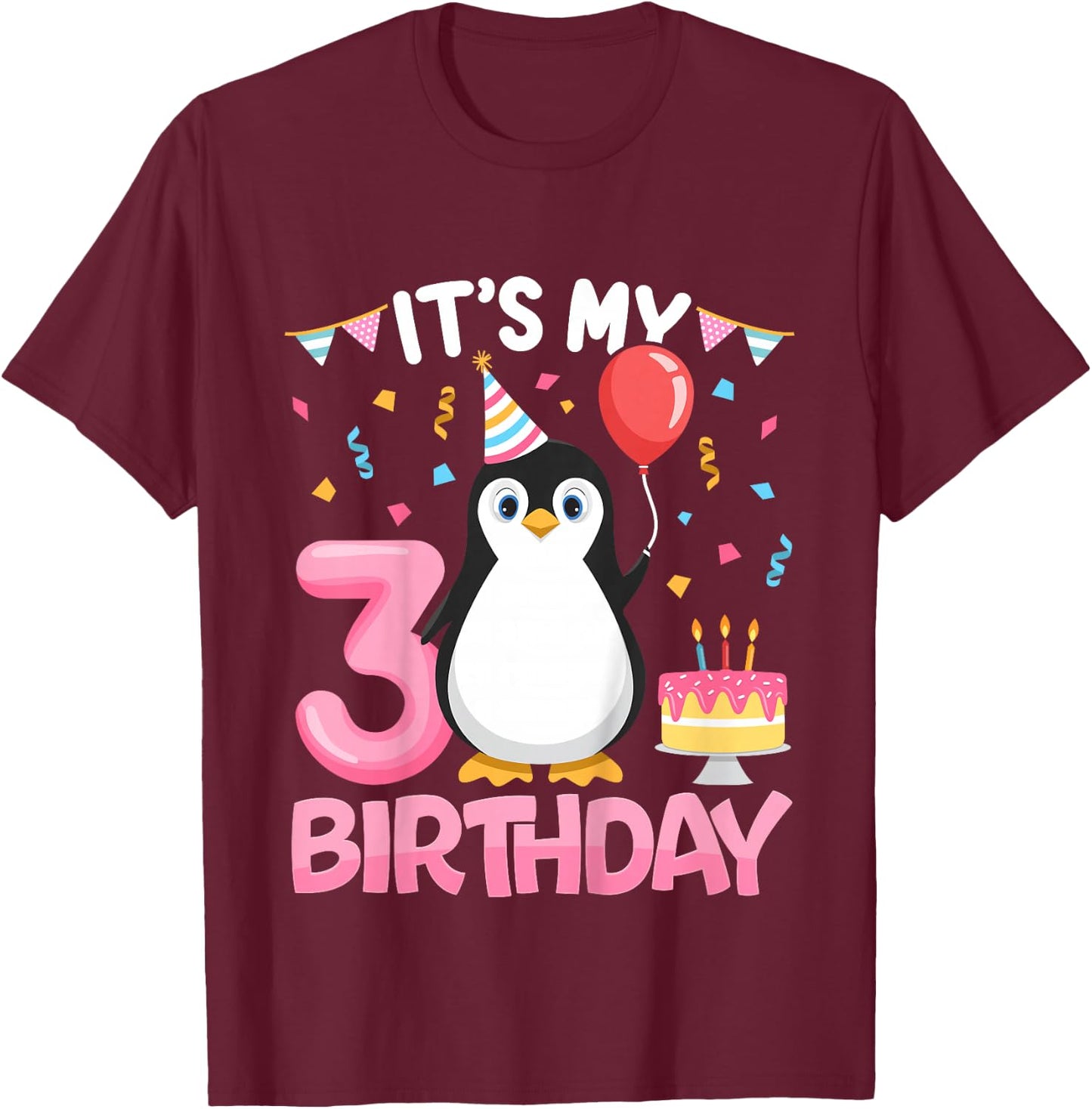 Kids Penguin Birthday 3 Year Old Girl 3rd Birthday Party Three T-Shirt - T-Shirt | Maroon