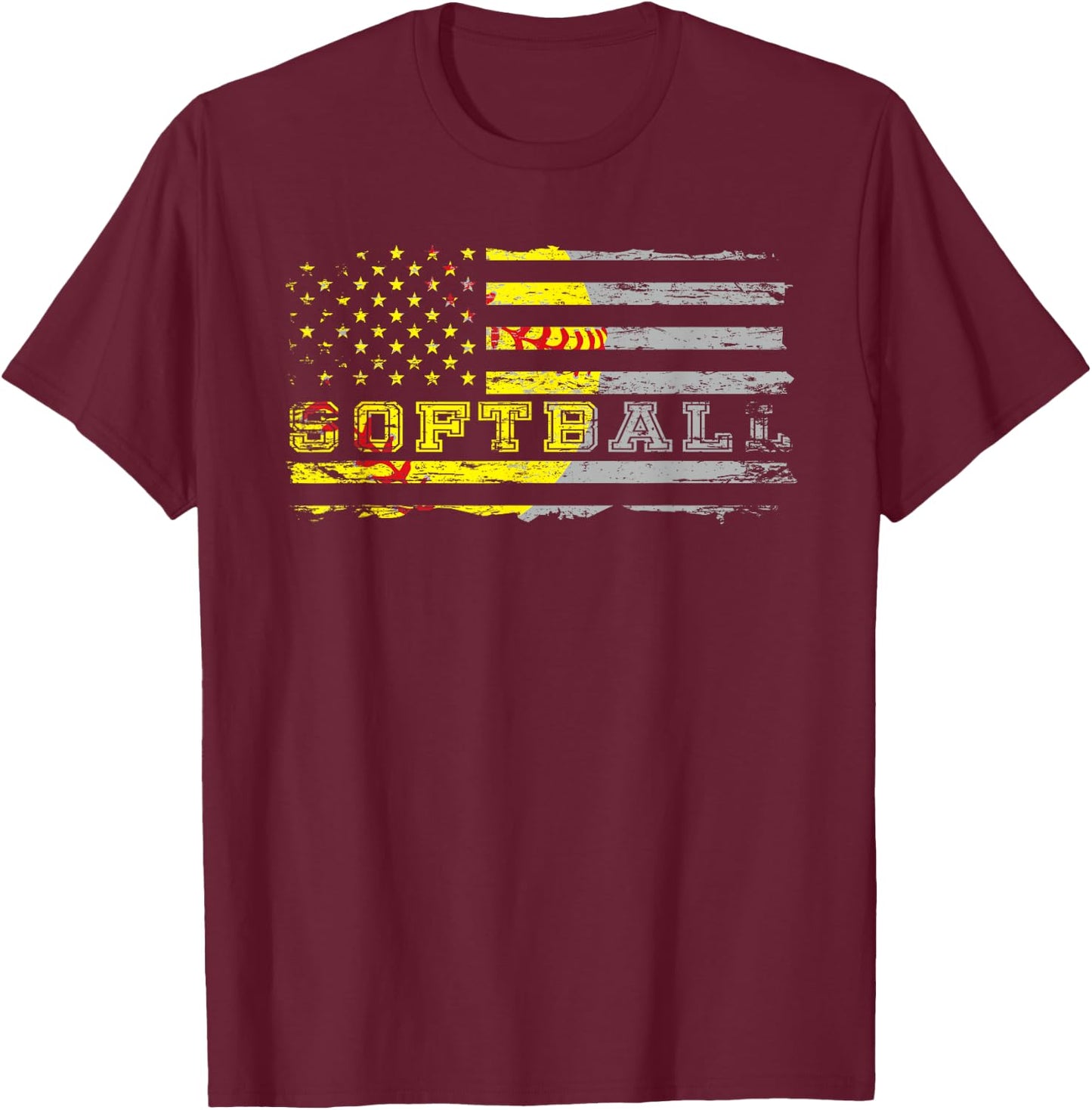 American Flag Softball Fan Team Distressed Gift Women Girls Kids Men T-Shirt - T-Shirt | Maroon
