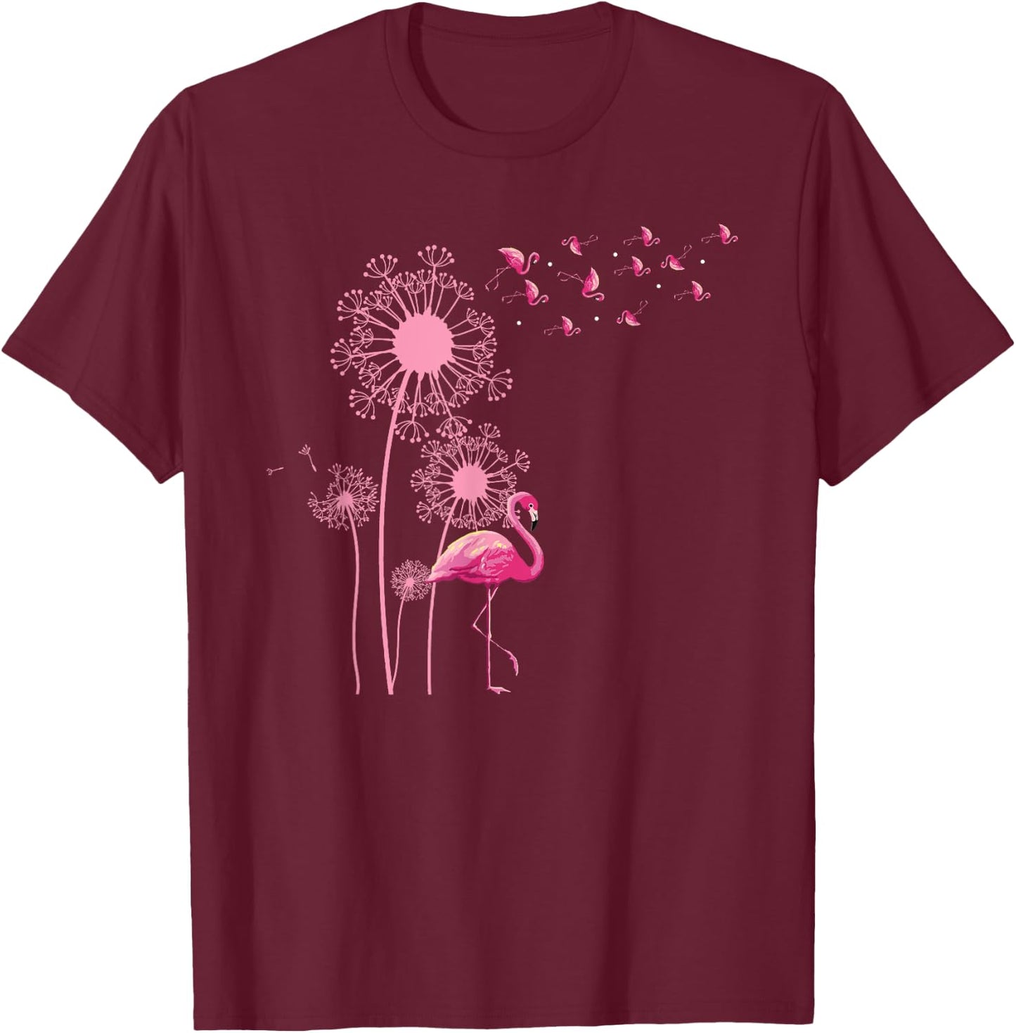 Flower Dandelion Exotic Animal Tropical Bird Pink Flamingo T-Shirt - T-Shirt | Maroon