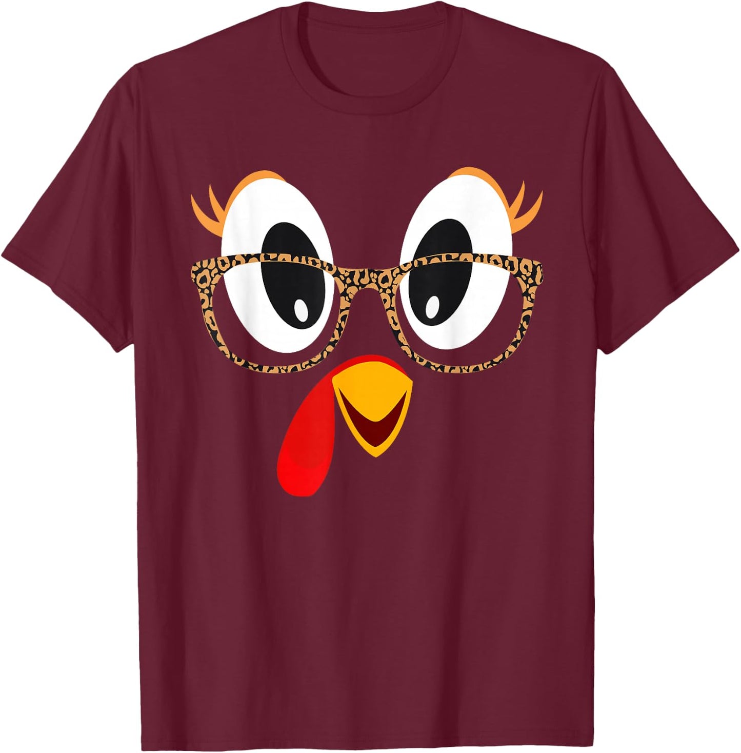 Cute Turkey Face Thanksgiving Leopard Print Glasses Girls T-Shirt - T-Shirt | Maroon