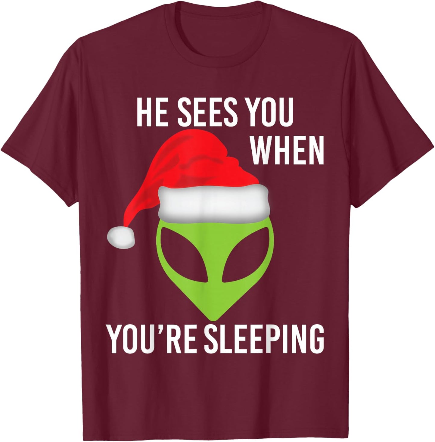 Green Space Alien Head Christmas Santa Hat UFO Mars T-Shirt - T-Shirt | Maroon