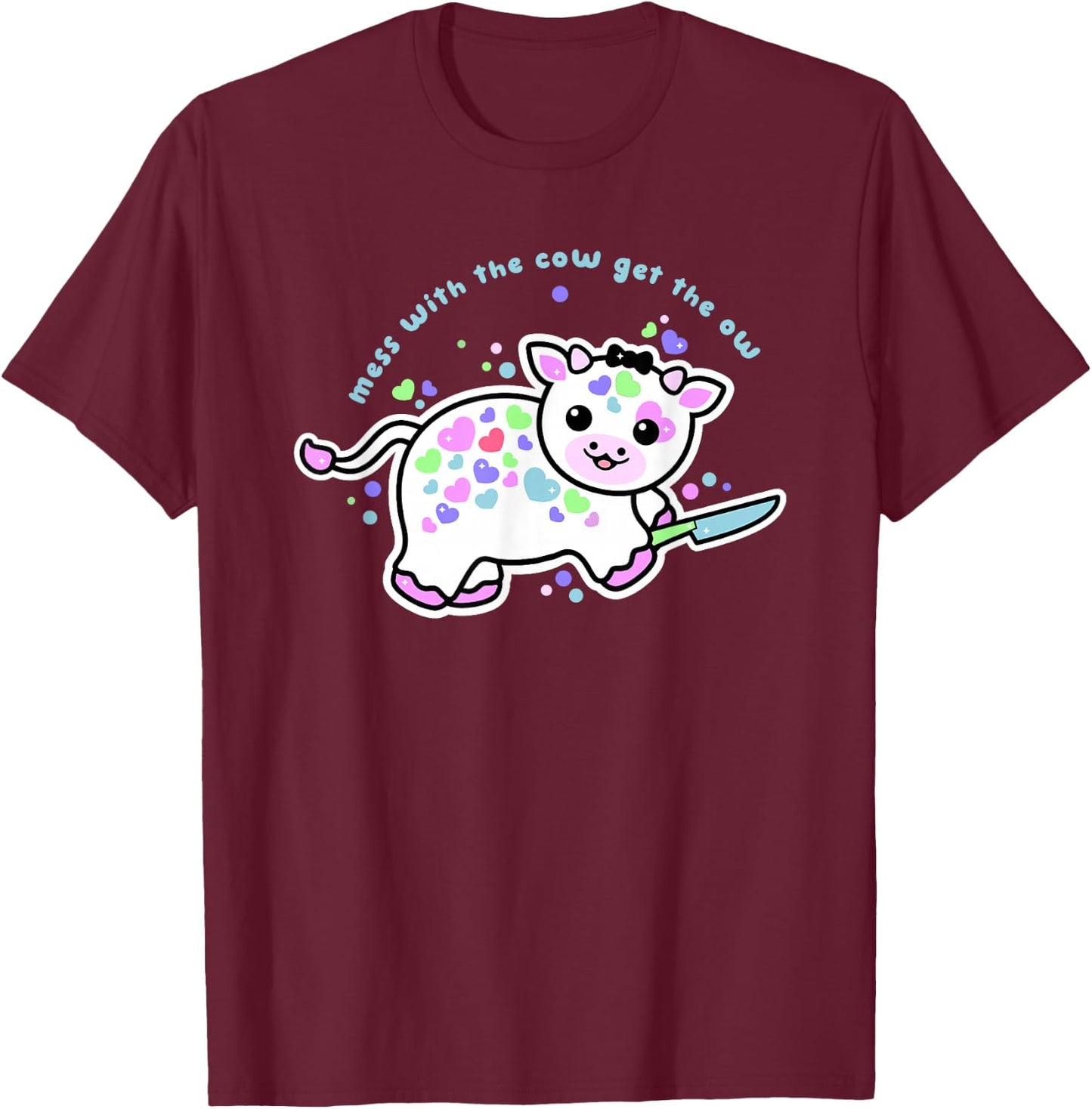 Mess With The Cow Get The Ow Cartoon Cow T-Shirt - T-Shirt | Maroon
