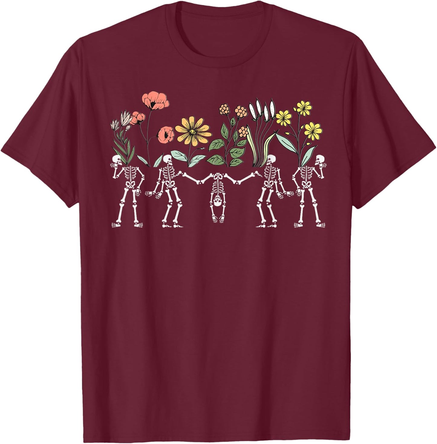 Dancing Skeletons Vintage Floral Skeleton Flower Halloween T-Shirt - T-Shirt | Maroon
