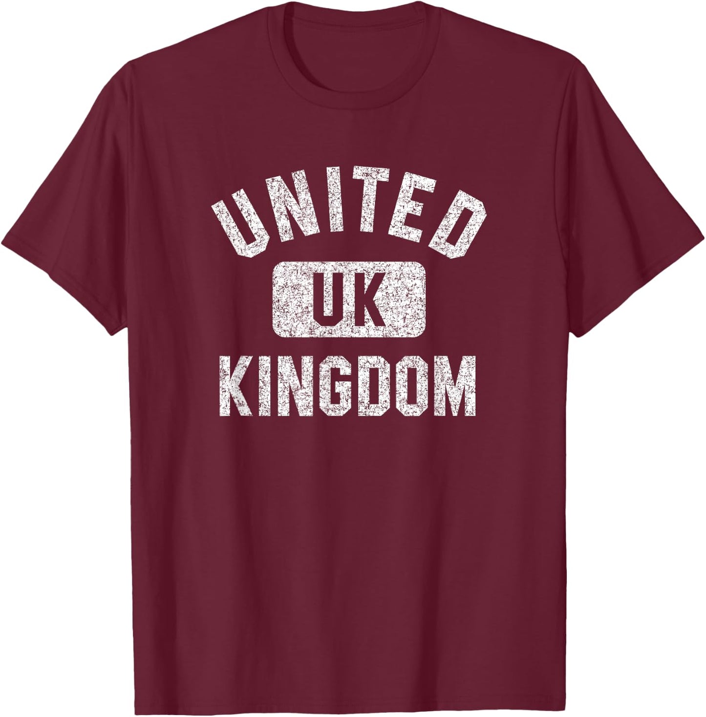 United Kingdom Gym Style Distressed White Print T-Shirt - T-Shirt | Maroon