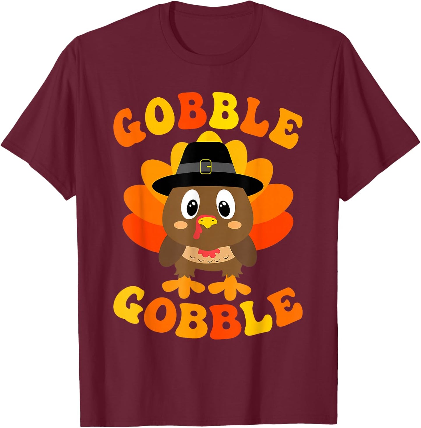 Cute Gobble Gobble Turkey Pilgrim Little Boys Thanksgiving T-Shirt - T-Shirt | Maroon