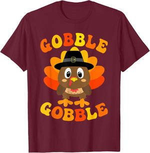 Cute Gobble Gobble Turkey Pilgrim Little Boys Thanksgiving T-Shirt - T-Shirt | Maroon