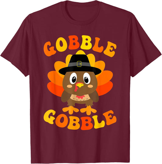 Cute Gobble Gobble Turkey Pilgrim Little Boys Thanksgiving T-Shirt - T-Shirt | Maroon