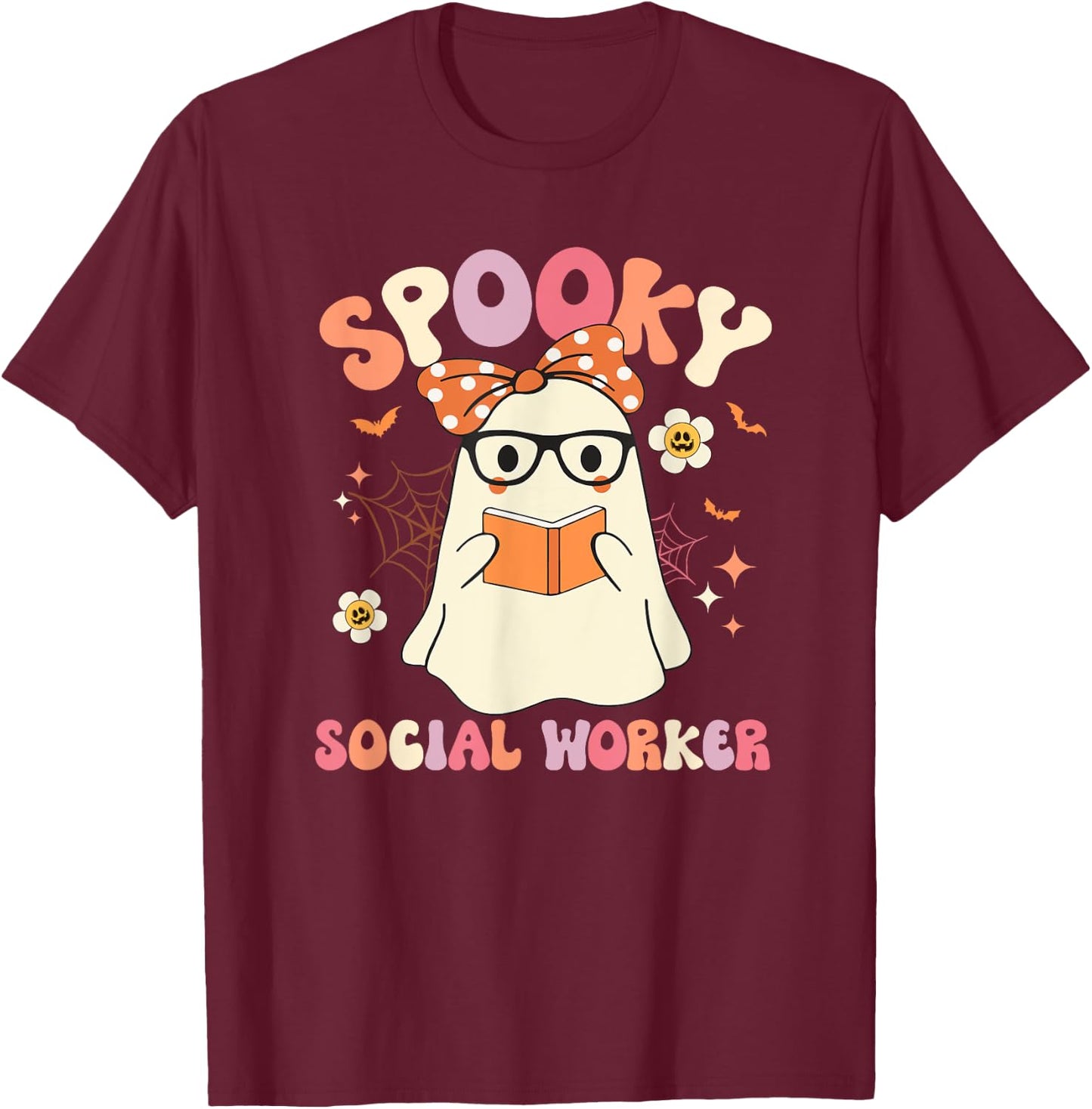 Groovy Spooky Social Worker Ghost Vintage Halloween Costume T-Shirt - T-Shirt | Maroon