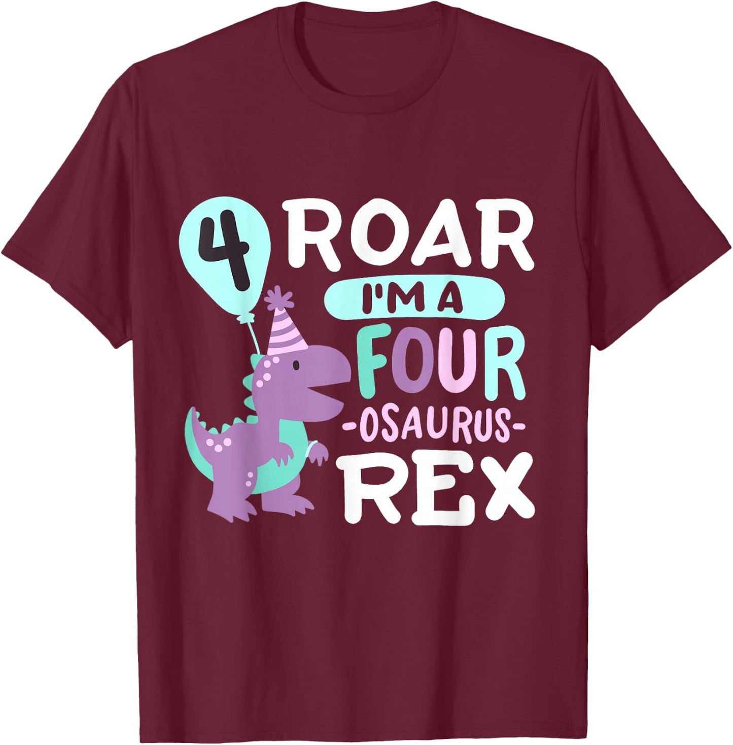 4th Birthday Dinosaur T Rex Four Osaurus 4 Years Old Kids T-Shirt - T-Shirt | Maroon