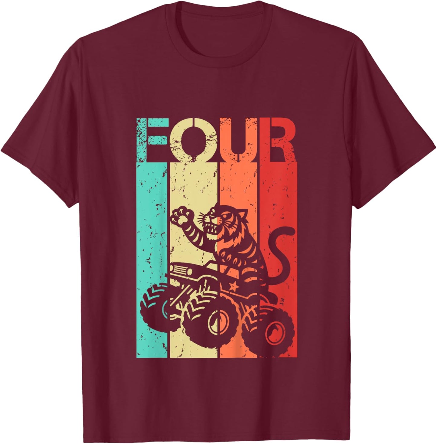 Kids 4th Birthday Boy Girl 4 Year Old Tiger And Monster Truck T-Shirt - T-Shirt | Maroon