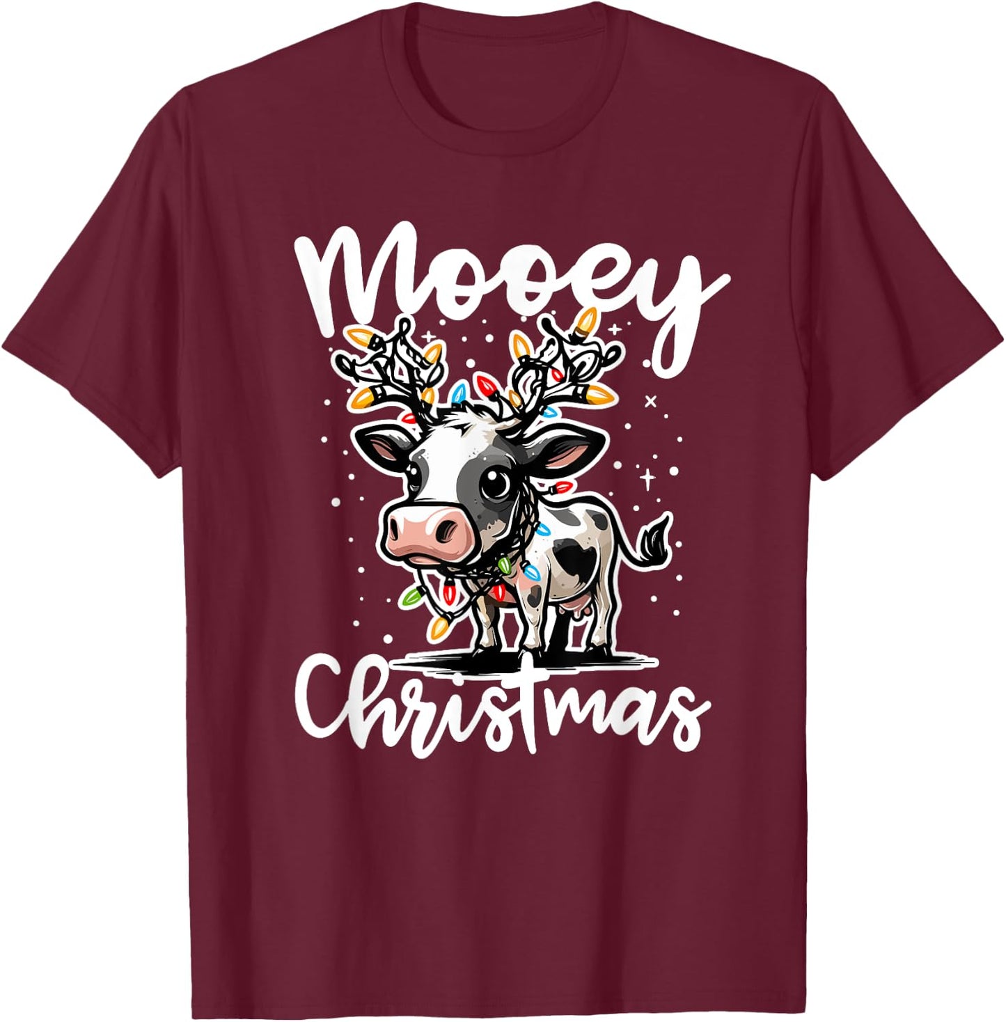 Mooey Christmas Heifer Cow Reindeer Christmas Lights T-Shirt - T-Shirt | Maroon