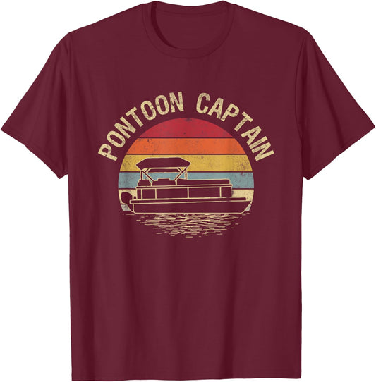 Vintage Pontoon Captain Sunset Funny Pontoon Boat Owner T-Shirt - T-Shirt | Maroon
