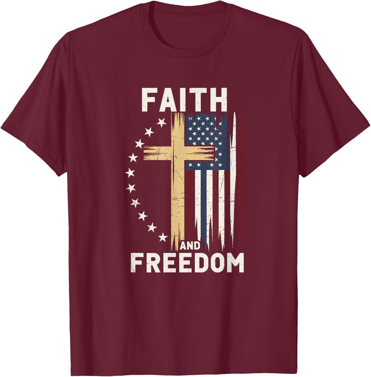 Faith and Freedom Patriotic Christian USA Flag Graphic Cross T-Shirt - T-Shirt | Maroon