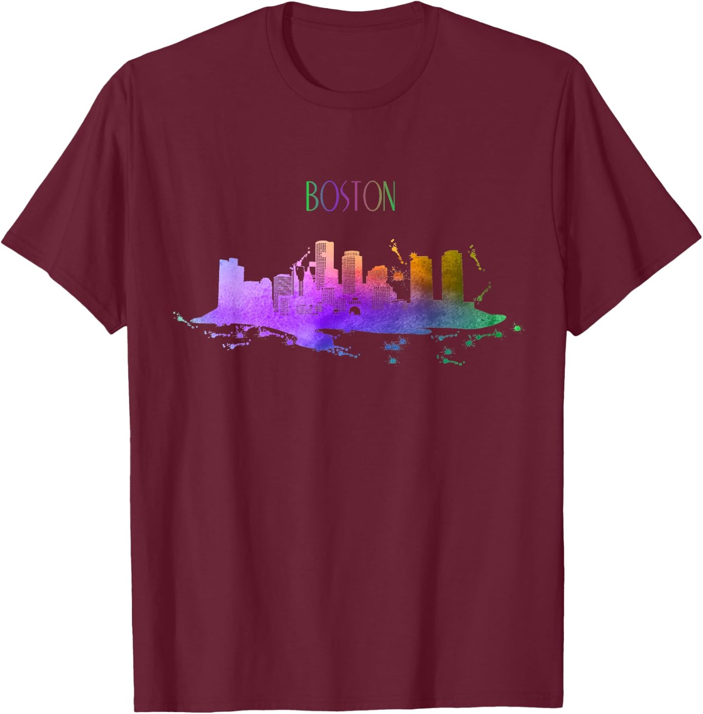 Boston Skyline Watercolour Souvenir Pride Massachusetts T-Shirt - T-Shirt | Maroon