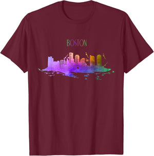 Boston Skyline Watercolour Souvenir Pride Massachusetts T-Shirt - T-Shirt | Maroon