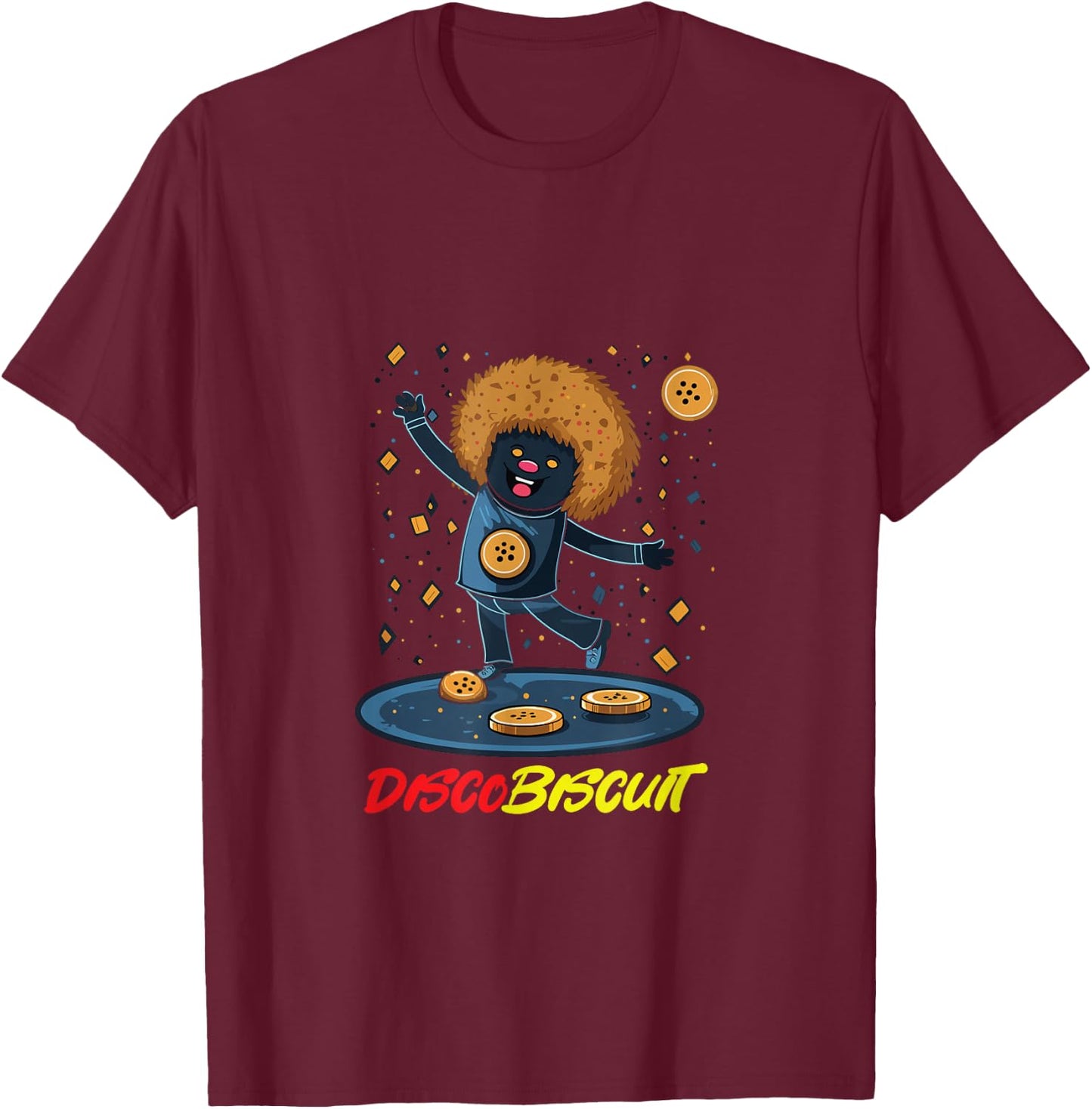 Disco Biscuit - 90s Rave-Inspired Dancing Cookie T-Shirt - T-Shirt | Maroon