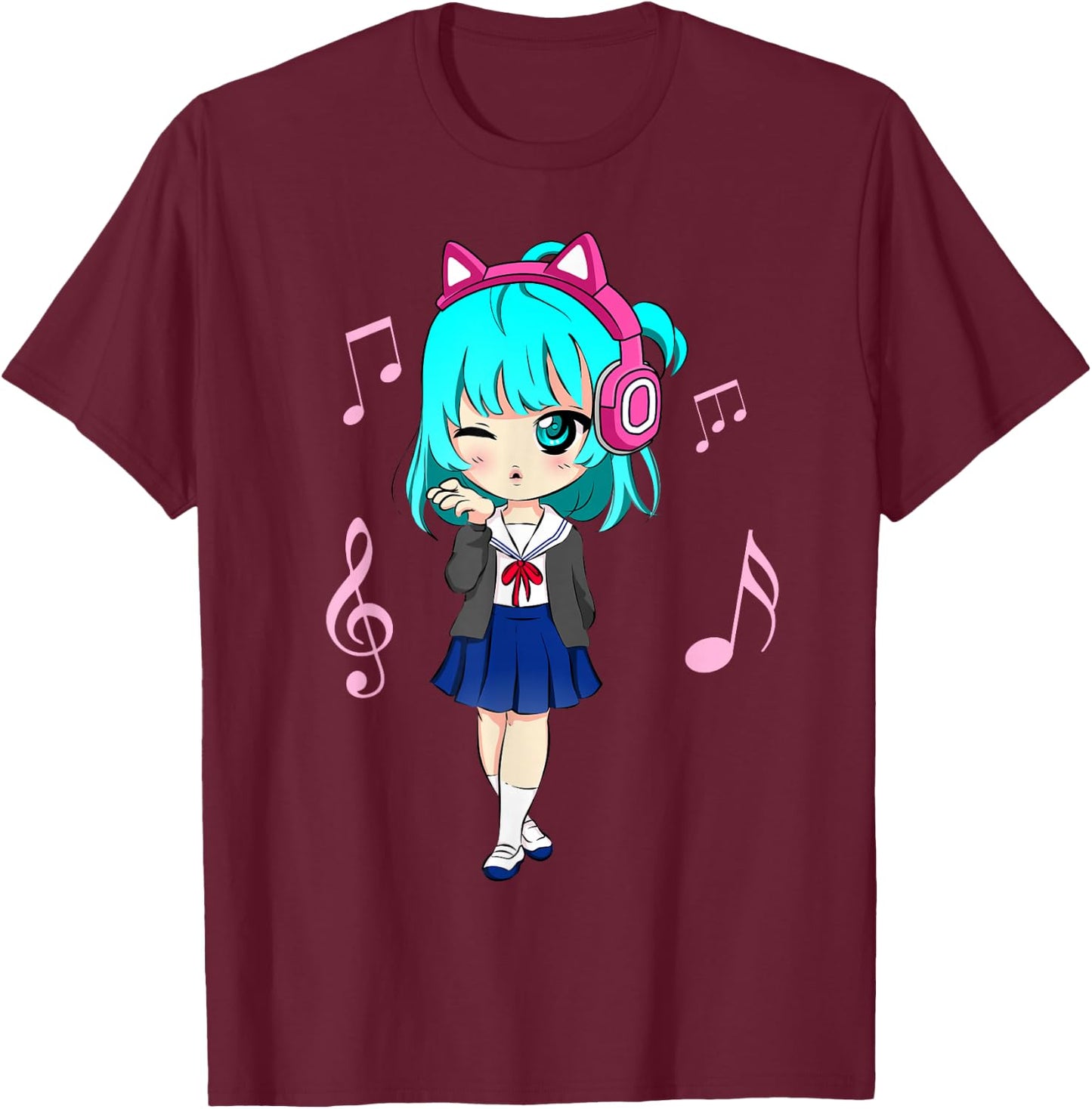 Funny Anime and Music Girl for Teen Chibi Graphic Anime Girl Small T-Shirt - T-Shirt | Maroon