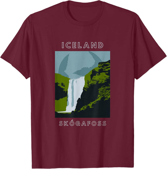 Iceland Skogafoss Waterfall Travel T-Shirt - T-Shirt | Maroon