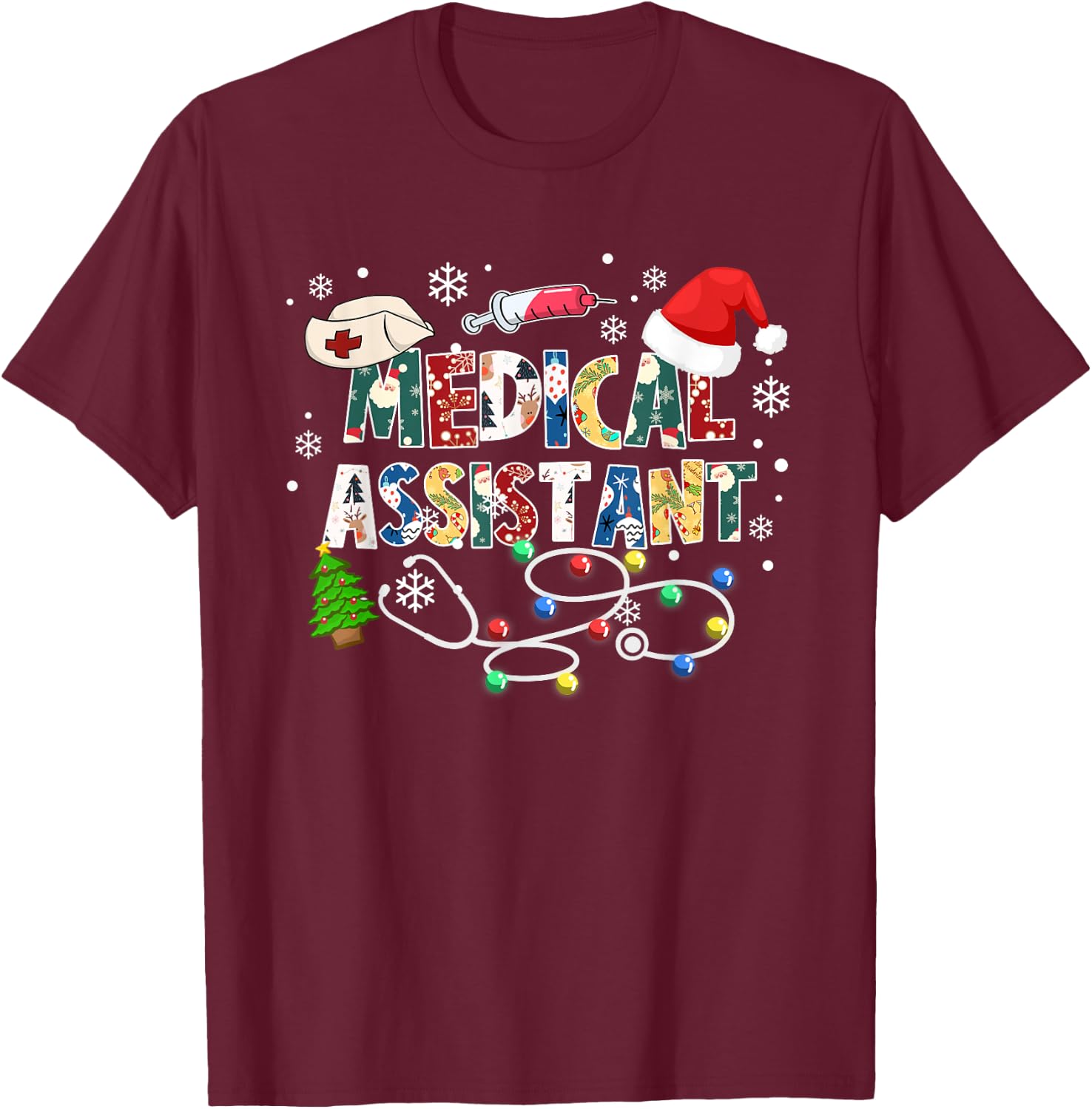 Medical Assistant Christmas Stethoscope Scrub Top Women T-Shirt - T-Shirt | Maroon