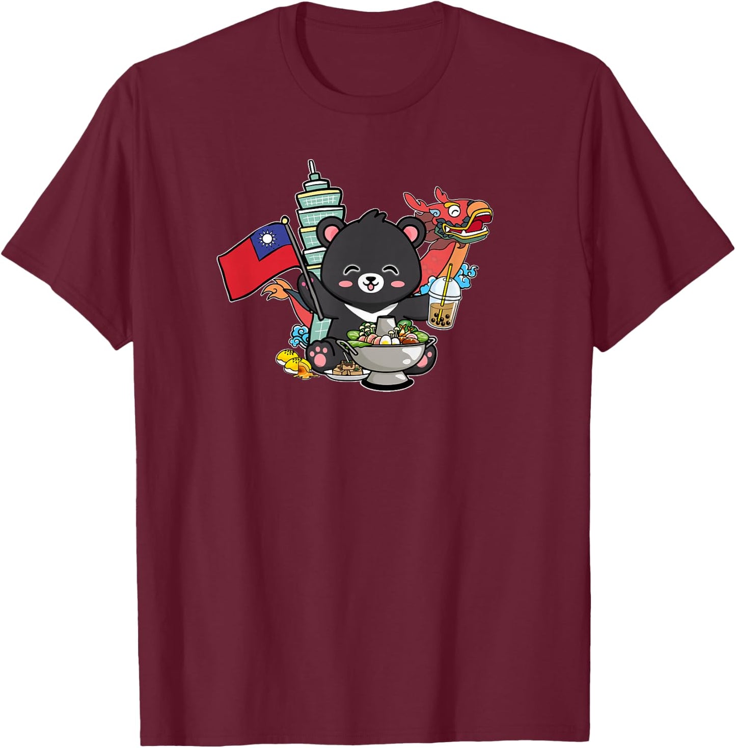 Kawaii Hot Pot Boba Bear Taiwan Flag Travel T-Shirt - T-Shirt | Maroon