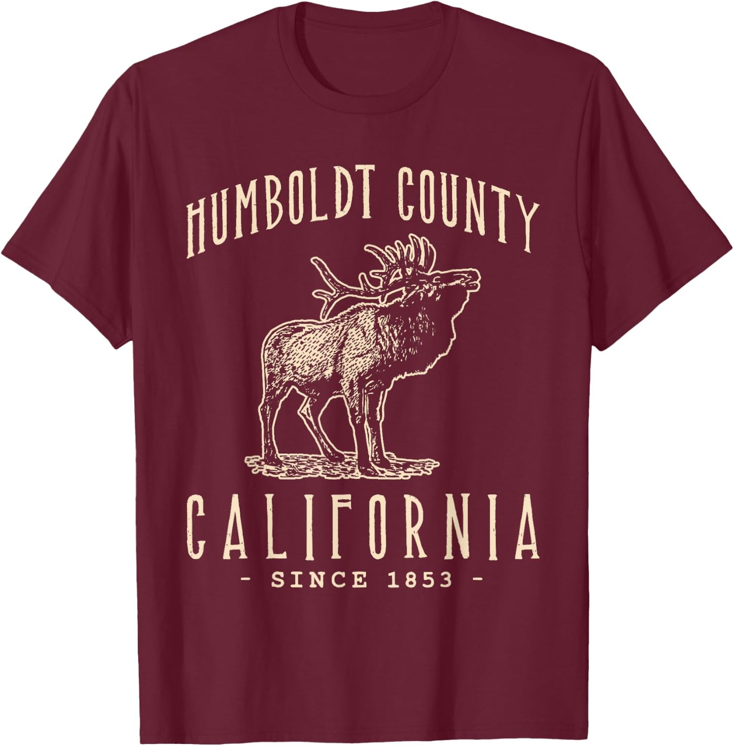 Humboldt County, California. Elk Vintage Design T-Shirt - T-Shirt | Maroon