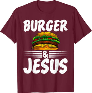 Hamburger Cheeseburger Burger and Jesus Fast Food T-Shirt - T-Shirt | Maroon