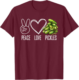 Peace Love Pickles Retro Pickles Lover Cucumber Funny Vegan T-Shirt - T-Shirt | Maroon