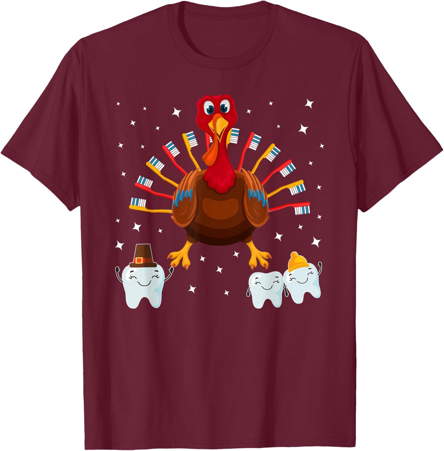 Happy Thanksgiving Cute Turkey Teeth Toothbrush Dental T-Shirt - T-Shirt | Maroon