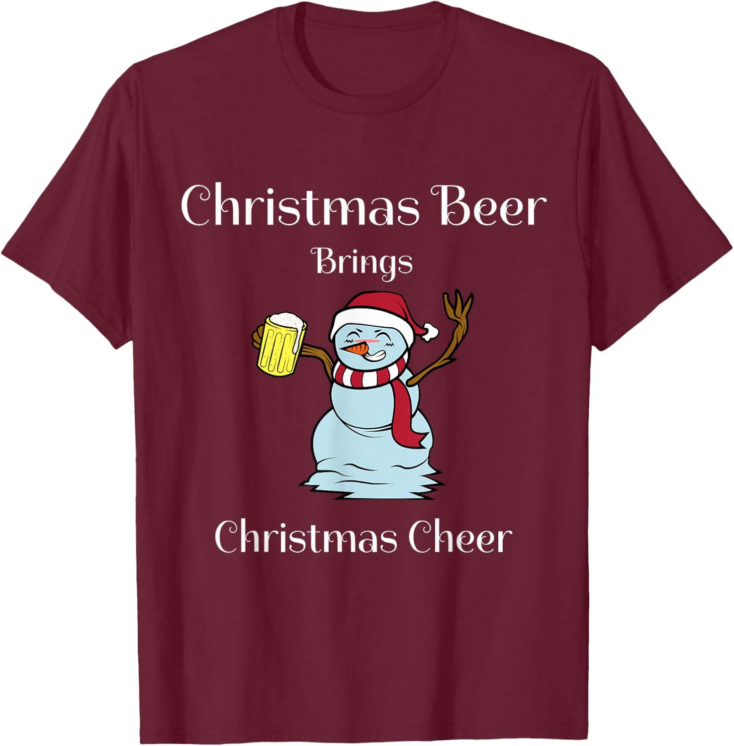 Funny Cute Festive Christmas Beer Snowman Design T-Shirt - T-Shirt | Maroon