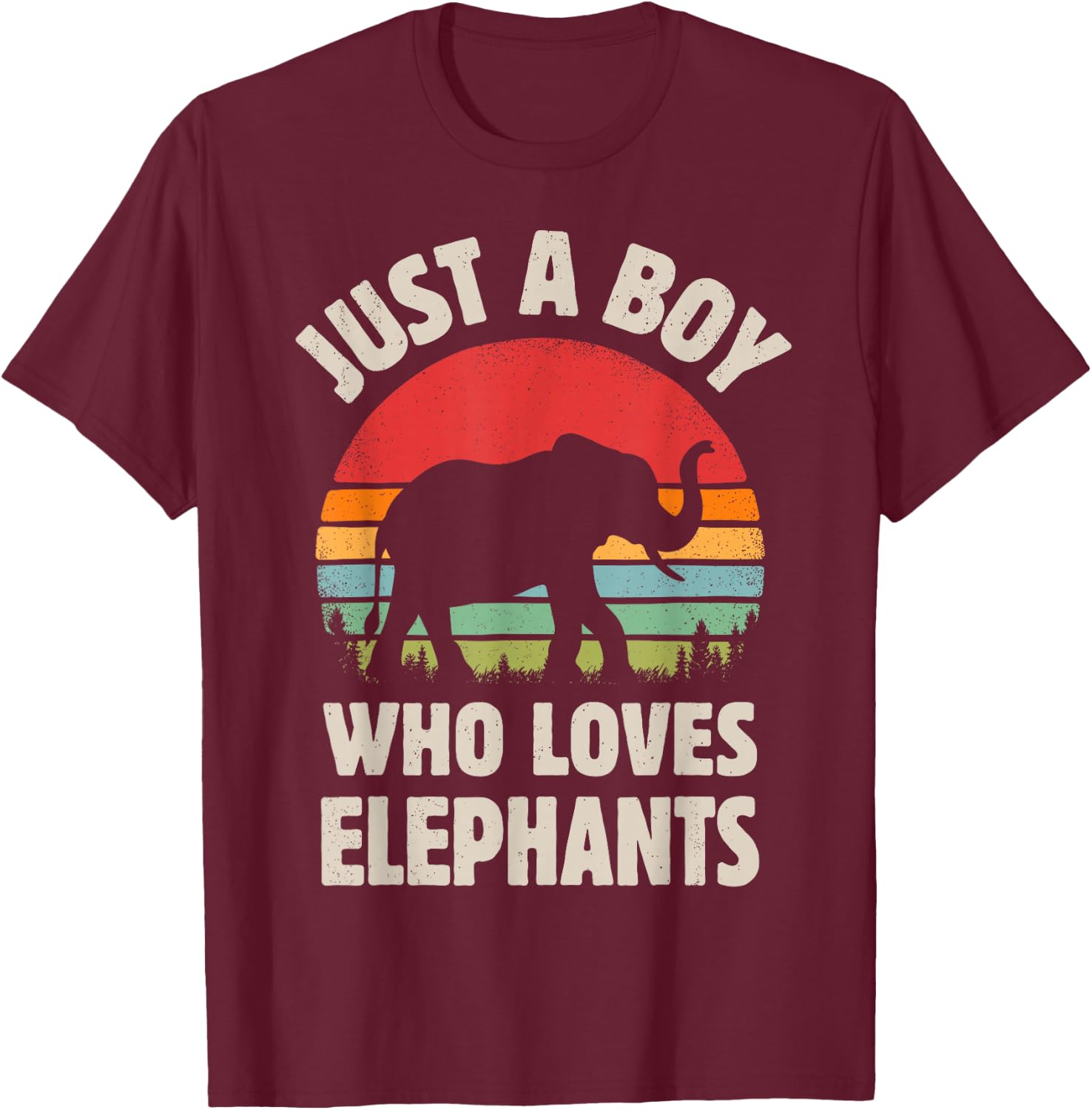 Elephant Just A Boy Who Loves Elephants Retro Vintage Sunset T-Shirt - T-Shirt | Maroon
