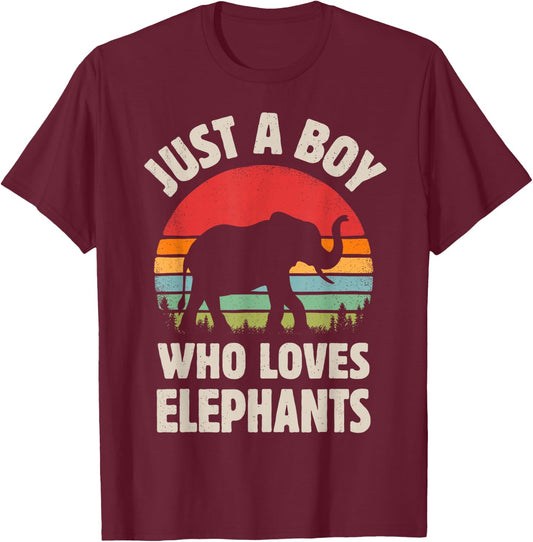 Elephant Just A Boy Who Loves Elephants Retro Vintage Sunset T-Shirt - T-Shirt | Maroon