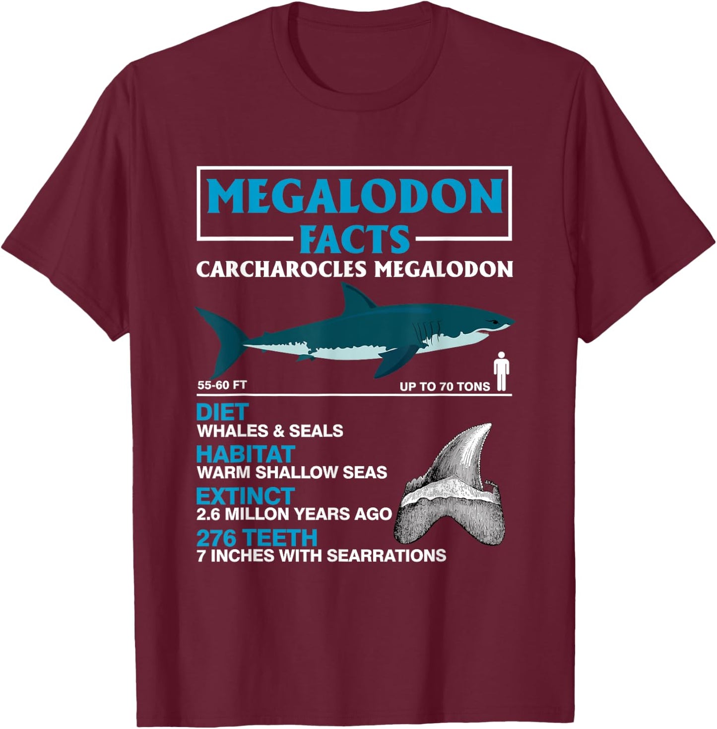 Meg Megalodon Facts Carcharocles Megalodon Prehistoric Shark T-Shirt - T-Shirt | Maroon