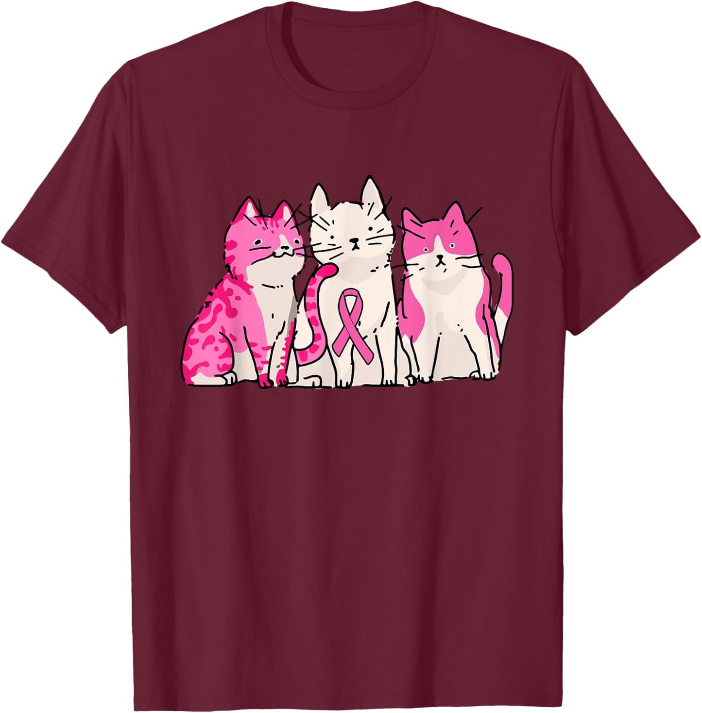 Cat Pink Ribbon Breast Cancer Awareness Cute Kitten Kitty T-Shirt - T-Shirt | Maroon