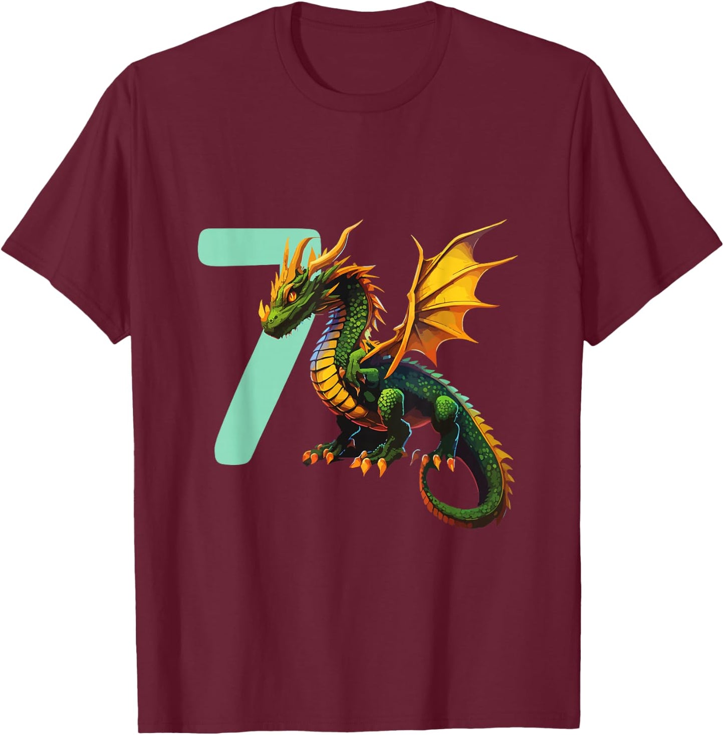 Children's Birthday Dragon 7 Years Boy Dragon Number Age , black T-Shirt - T-Shirt | Maroon