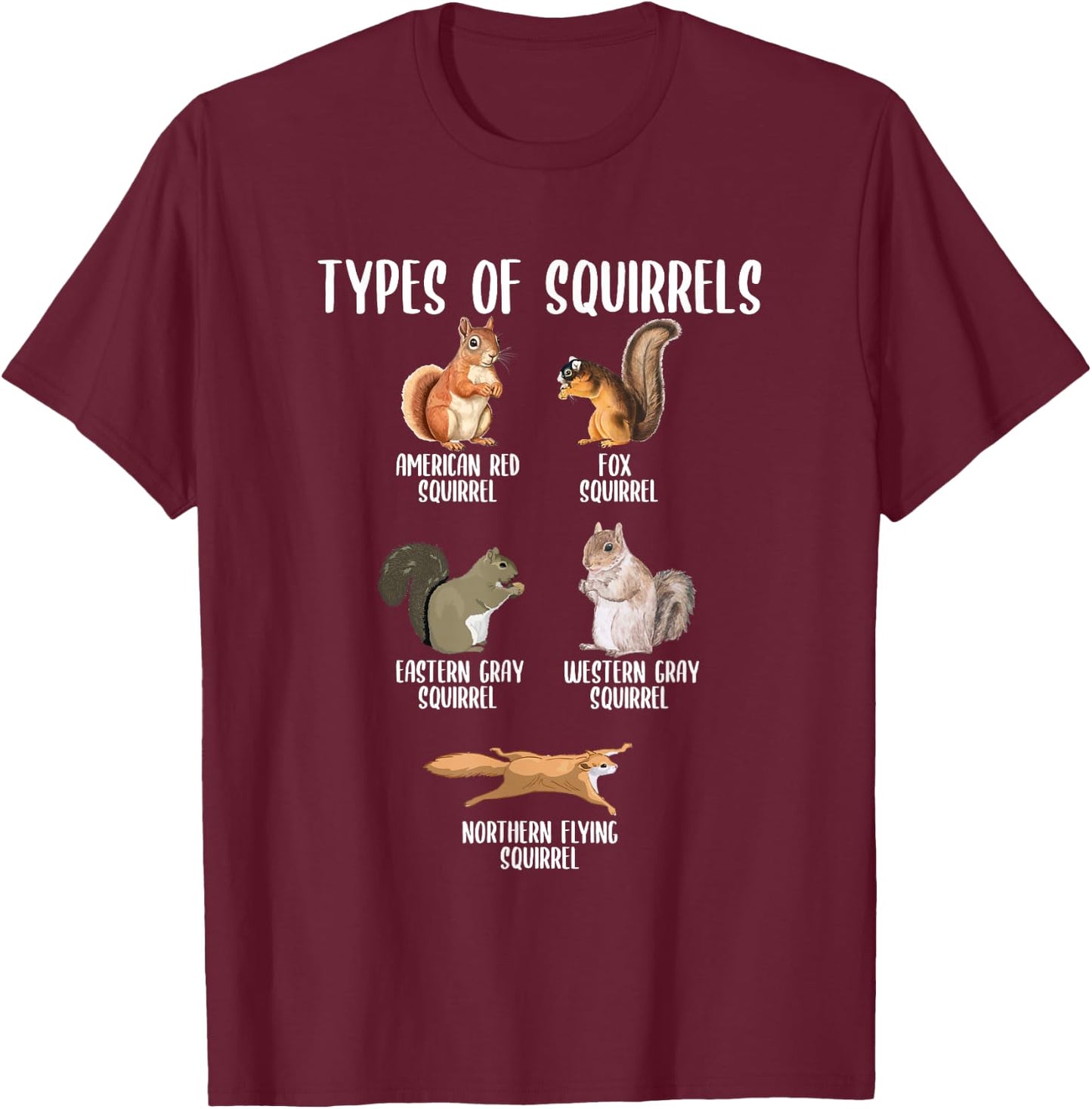Types of Squirrels Identification Chart Educational Squirrel T-Shirt - T-Shirt | Maroon