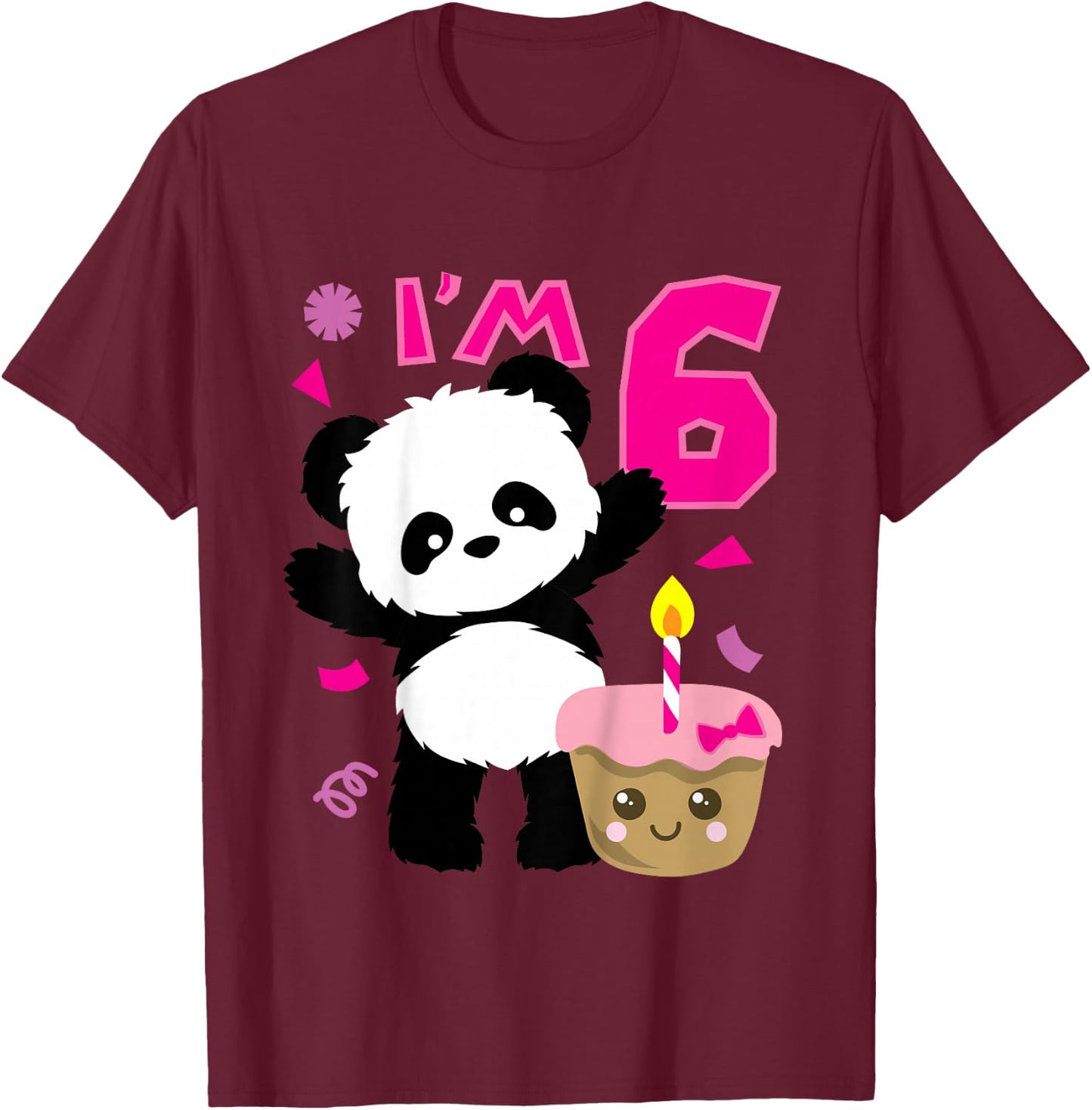 Kids Panda with Kawaii Cake 6 Years Old Girls Birthday Party T-Shirt - T-Shirt | Maroon