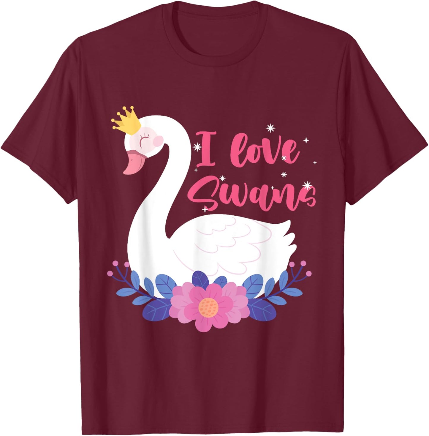 I Love Swans Bird Zoo Animal Lake Water Lily Flowers Crown T-Shirt - T-Shirt | Maroon